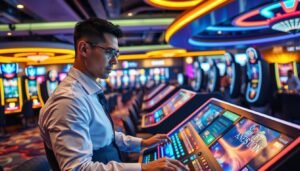 A sleek, modern gaming environment showcasing a high-stakes virtual casino setting, with a focus on smooth gameplay. In the foreground, a professionally dressed player interacts with a cutting-edge gaming console, displaying concentrated, engaged facial expressions. The middle ground features multiple gaming tables with elegant designs, glowing LED lights, and visually appealing graphics on screens depicting various games. The background reveals a dynamic atmosphere with virtual patrons celebrating wins, immersed in the gaming experience. The lighting is vibrant and warm, casting a lively glow throughout the space, while a slight bokeh effect blurs the edges to keep the focus on the player. The overall mood is thrilling yet inviting, emphasizing a stable and uninterrupted game experience, perfectly aligned with the theme of resilience in connectivity.