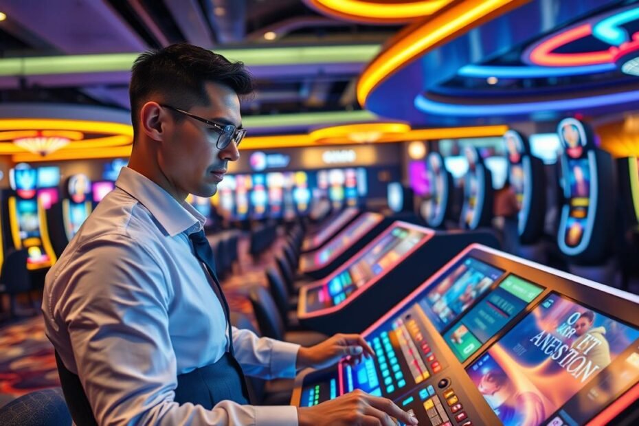 A sleek, modern gaming environment showcasing a high-stakes virtual casino setting, with a focus on smooth gameplay. In the foreground, a professionally dressed player interacts with a cutting-edge gaming console, displaying concentrated, engaged facial expressions. The middle ground features multiple gaming tables with elegant designs, glowing LED lights, and visually appealing graphics on screens depicting various games. The background reveals a dynamic atmosphere with virtual patrons celebrating wins, immersed in the gaming experience. The lighting is vibrant and warm, casting a lively glow throughout the space, while a slight bokeh effect blurs the edges to keep the focus on the player. The overall mood is thrilling yet inviting, emphasizing a stable and uninterrupted game experience, perfectly aligned with the theme of resilience in connectivity.