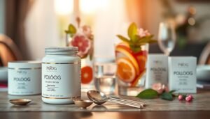 A beautifully arranged flat lay showcasing various collagen products, including peptides in elegant packaging. In the foreground, highlight a luxurious jar of PO·OG collagen peptides, alongside measuring spoons and a glass of water filled with colorful fruit slices. The middle layer features botanical elements, like fresh leaves or flowers, to evoke a sense of nature and wellness. In the background, a softly blurred table setting with warm, natural lighting creates an inviting ambiance. Use a shallow depth of field to emphasize the foreground, while maintaining a serene and sophisticated overall mood. Ensure the colors are soft and harmonious, with hints of pastel tones to reflect health and vitality.