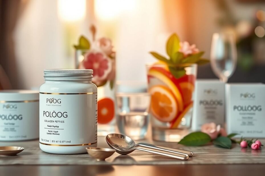 A beautifully arranged flat lay showcasing various collagen products, including peptides in elegant packaging. In the foreground, highlight a luxurious jar of PO·OG collagen peptides, alongside measuring spoons and a glass of water filled with colorful fruit slices. The middle layer features botanical elements, like fresh leaves or flowers, to evoke a sense of nature and wellness. In the background, a softly blurred table setting with warm, natural lighting creates an inviting ambiance. Use a shallow depth of field to emphasize the foreground, while maintaining a serene and sophisticated overall mood. Ensure the colors are soft and harmonious, with hints of pastel tones to reflect health and vitality.