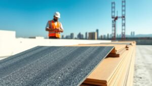 A clean, well-lit image of flat roofing sheets stacked neatly on a construction site. In the foreground, focus on a few sheets with a smooth, glossy surface, showcasing their various textures and colors, like dark grey and light beige. In the middle ground, include a worker in professional attire examining the sheets, wearing a hard hat and safety vest to emphasize a safe working environment. In the background, show a bright blue sky and outlines of a city skyline, suggesting an urban setting. The lighting should be natural and bright, enhancing the sheen of the roofing sheets, creating a professional and industrious atmosphere. Aim for a slight angle that showcases the thickness and quality of the materials used in flat roofing.