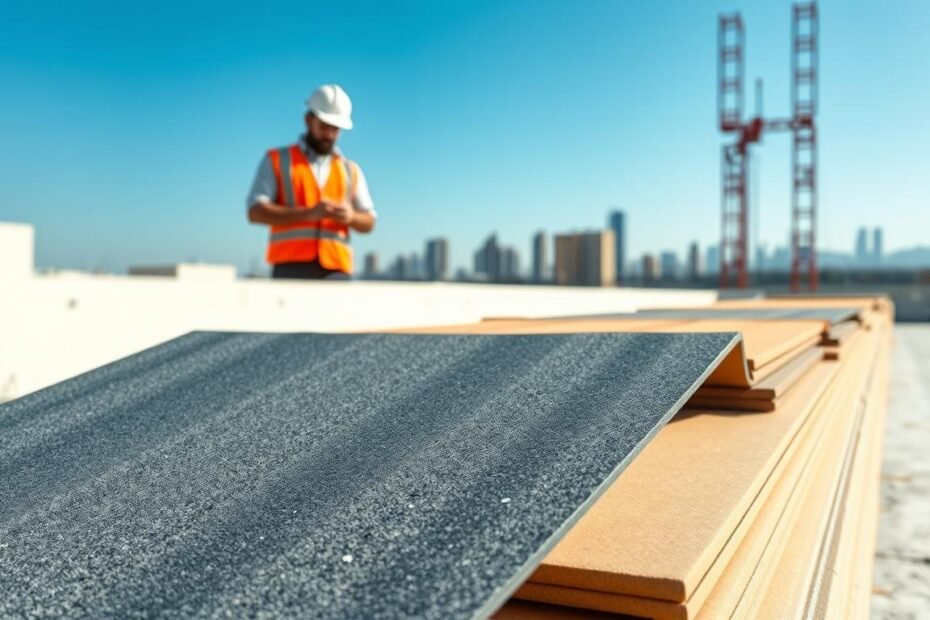 A clean, well-lit image of flat roofing sheets stacked neatly on a construction site. In the foreground, focus on a few sheets with a smooth, glossy surface, showcasing their various textures and colors, like dark grey and light beige. In the middle ground, include a worker in professional attire examining the sheets, wearing a hard hat and safety vest to emphasize a safe working environment. In the background, show a bright blue sky and outlines of a city skyline, suggesting an urban setting. The lighting should be natural and bright, enhancing the sheen of the roofing sheets, creating a professional and industrious atmosphere. Aim for a slight angle that showcases the thickness and quality of the materials used in flat roofing.