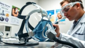 A close-up view of a high-quality CPAP mask undergoing a leak test, prominently showing the mask's silicone cushion and headgear. In the foreground, a technician in a lab coat carefully examines the mask with a handheld leak detection device, emphasizing professionalism and attention to detail. The middle ground features a workspace with tools and equipment related to respiratory therapy, including gauges and a pressure monitor, while the background displays softly blurred medical equipment and posters about sleep apnea. The lighting is bright and clinical, highlighting the clarity of the mask's surface. The overall atmosphere is focused and analytical, capturing the meticulous process of checking for air leaks in a sleep apnea therapy setting.