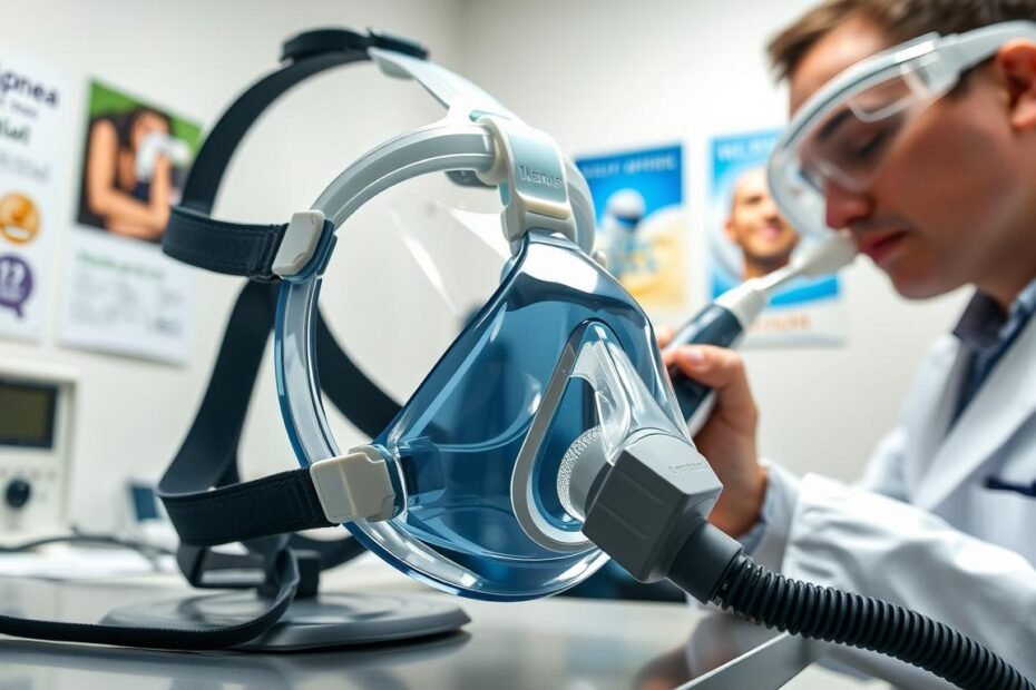A close-up view of a high-quality CPAP mask undergoing a leak test, prominently showing the mask's silicone cushion and headgear. In the foreground, a technician in a lab coat carefully examines the mask with a handheld leak detection device, emphasizing professionalism and attention to detail. The middle ground features a workspace with tools and equipment related to respiratory therapy, including gauges and a pressure monitor, while the background displays softly blurred medical equipment and posters about sleep apnea. The lighting is bright and clinical, highlighting the clarity of the mask's surface. The overall atmosphere is focused and analytical, capturing the meticulous process of checking for air leaks in a sleep apnea therapy setting.