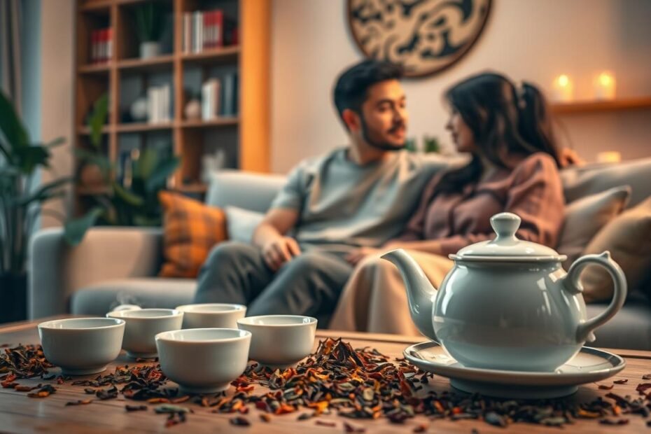 A cozy, intimate scene depicting a couple enjoying a moment of relaxation with "定點茶" (Ding Dian tea). The foreground features a beautifully arranged tea set with delicate porcelain cups, a steaming teapot, and vibrant tea leaves spread artistically. In the middle ground, the couple, dressed in modest casual clothing, sits comfortably on a plush sofa, basking in warm, soft lighting that creates a cinematic vibe. They are engaged in a serene conversation, surrounded by lush indoor plants and decorative cushions. The background showcases a softly blurred bookshelf filled with books and candles, enhancing the warm atmosphere. The overall mood reflects tranquility and connection, allowing viewers to feel the calming effects of tea. The composition is framed in a 4:3 aspect ratio, focusing on the couple and their relaxing environment.