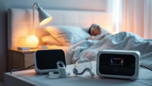 A peaceful bedroom scene featuring a modern sleep apnea machine on a bedside table, softly illuminated by warm, relaxing bedside lamp light. In the foreground, the sleep apnea machine is stylishly designed, showcasing its digital display and attached mask neatly arranged beside it, highlighting its importance for health. In the middle ground, a serene person in comfortable sleepwear lies peacefully in bed, wearing the sleep mask connected to the machine, exuding a sense of tranquility and restful sleep. The background is adorned with soft pastel colors and gentle textures that create a calming atmosphere, with light curtains gently swaying in a light breeze. The overall mood is soothing and health-focused, emphasizing the benefits of using a sleep apnea machine.