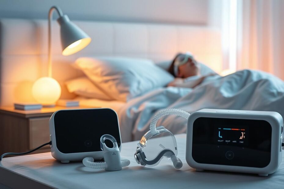 A peaceful bedroom scene featuring a modern sleep apnea machine on a bedside table, softly illuminated by warm, relaxing bedside lamp light. In the foreground, the sleep apnea machine is stylishly designed, showcasing its digital display and attached mask neatly arranged beside it, highlighting its importance for health. In the middle ground, a serene person in comfortable sleepwear lies peacefully in bed, wearing the sleep mask connected to the machine, exuding a sense of tranquility and restful sleep. The background is adorned with soft pastel colors and gentle textures that create a calming atmosphere, with light curtains gently swaying in a light breeze. The overall mood is soothing and health-focused, emphasizing the benefits of using a sleep apnea machine.