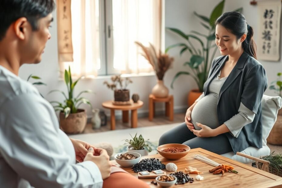 A serene and comforting scene depicting a pregnant woman receiving traditional Chinese medicine treatment in a holistic setting. In the foreground, the woman, dressed in modest, comfortable attire, is sitting on a cushioned chair, appearing relaxed with a peaceful expression as she participates in a consultation with a Chinese medicine practitioner of Asian descent. The practitioner, wearing professional attire, holds a herbal remedy in one hand, with an array of traditional herbs and acupuncture needles spread across a low wooden table beside them. The middle ground features soft, natural lighting emanating from a nearby window, illuminating the room filled with plants and soothing decor. In the background, elements of traditional Chinese medicine, like scrolls or acupuncture charts, are subtly integrated. The overall atmosphere is tranquil and supportive, reflecting the nurturing aspect of pregnancy and wellness.