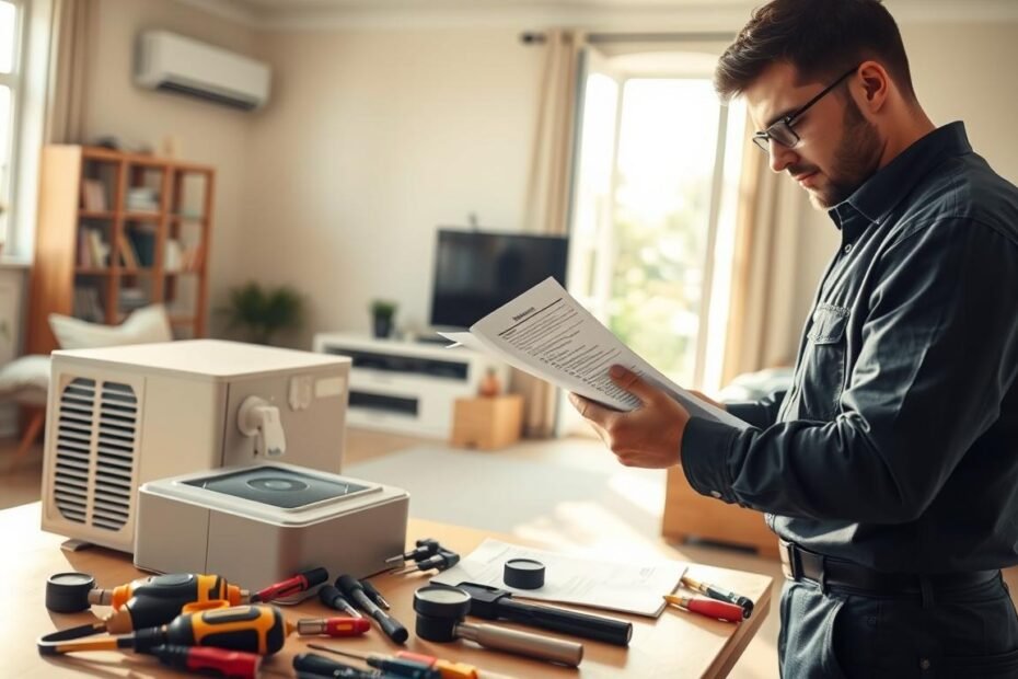 A well-organized setting for an air conditioning installation preparatory check. In the foreground, a technician in professional attire is reviewing an installation checklist while examining an air conditioning unit, showing a focused expression. The middle ground showcases various tools like screwdrivers, gauges, and an installation manual neatly arranged on a workbench. In the background, a residential living room with an open window reveals a sunny day, contributing to a bright and airy atmosphere. Soft daylight illuminates the scene, creating a professional and meticulous mood, emphasizing readiness and attention to detail. The perspective captures a slight downward angle to highlight the technician's engaged activity while maintaining a comprehensive view of the working area.