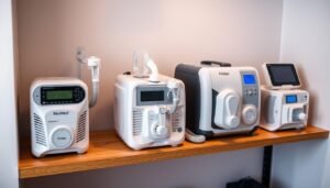 High-resolution studio photograph of a variety of modern CPAP machines including ResMed AirSense 11 and Philips DreamStation, arranged neatly on a wooden shelf with soft ambient lighting, clean and professional medical equipment aesthetic.
