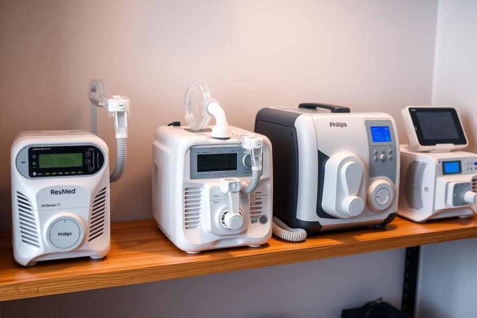 High-resolution studio photograph of a variety of modern CPAP machines including ResMed AirSense 11 and Philips DreamStation, arranged neatly on a wooden shelf with soft ambient lighting, clean and professional medical equipment aesthetic.