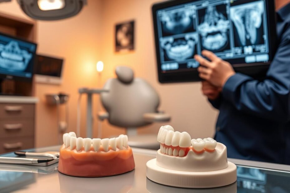 A dentist's office setting, featuring a close-up view of a dentist in professional attire, carefully examining a patient's dental X-rays on a digital screen. In the foreground, there's a dental model demonstrating the impact of wisdom teeth removal on orthodontic alignment. The middle layer shows dental tools and a chair prepared for treatment, enhancing the clinical atmosphere. In the background, soft, warm lighting illuminates the room, creating a calm and professional mood. The focus is on the hygienic and organized environment, reflecting trust and expertise in dental care. The image conveys a sense of education and reassurance about the relationship between wisdom teeth extraction and orthodontic procedures, without any text or distractions.
