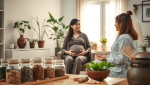 A serene and inviting wellness clinic setting showcasing a pregnant woman in modest, professional attire, sitting comfortably in a consultation room. She is engaged in a conversation with a skilled practitioner of traditional Chinese medicine, who is explaining her personalized treatment plan. In the foreground, there's a traditional Chinese herbal medicine display with neatly organized jars and herbs, creating a sense of authenticity. The middle ground features a healing atmosphere with soft, warm lighting filtering through large windows, plants adorning the space, and tasteful decor promoting a sense of calm and relaxation. The background hints at additional wellness tools like acupuncture needles and a moxibustion setup, emphasizing a holistic approach to prenatal care. The mood is peaceful, supportive, and focused on health and well-being.