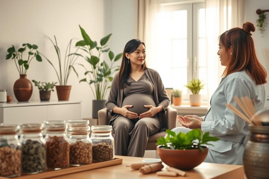 A serene and inviting wellness clinic setting showcasing a pregnant woman in modest, professional attire, sitting comfortably in a consultation room. She is engaged in a conversation with a skilled practitioner of traditional Chinese medicine, who is explaining her personalized treatment plan. In the foreground, there's a traditional Chinese herbal medicine display with neatly organized jars and herbs, creating a sense of authenticity. The middle ground features a healing atmosphere with soft, warm lighting filtering through large windows, plants adorning the space, and tasteful decor promoting a sense of calm and relaxation. The background hints at additional wellness tools like acupuncture needles and a moxibustion setup, emphasizing a holistic approach to prenatal care. The mood is peaceful, supportive, and focused on health and well-being.
