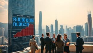 A panoramic view of Central Hong Kong's financial district, showcasing the skyline filled with modern skyscrapers reflecting the dynamic office rental market trends. In the foreground, a sleek glass building displaying a digital graph illustrating rising and falling rental prices, symbolizing the pricing evolution over time. In the middle ground, a group of diverse professionals in smart business attire engaged in discussions, with laptops and documents in hand, emphasizing the bustling corporate atmosphere. The background features iconic landmarks like the ICC Tower and bank headquarters under a bright, clear sky, casting dynamic shadows. Soft natural light enhances the vibrant colors, conveying optimism and growth within the commercial space market. The overall mood is professional and forward-looking, ideal for conveying the trends in office rentals.