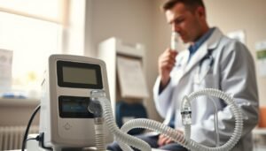 A professional setting showcasing a reliable CPAP machine for sleep apnea therapy. In the foreground, a close-up of a high-quality, sleek CPAP device with a clear display and intricate tubing. The middle ground features a healthcare professional in a lab coat, thoughtfully examining the CPAP machine, revealing a sense of trust and expertise. In the background, a softly lit clinic room with medical charts and soothing colors to create a calm atmosphere. Natural light filters through a window, adding warmth to the scene. The overall mood is serious yet hopeful, emphasizing the importance of reliable sleep therapy solutions.