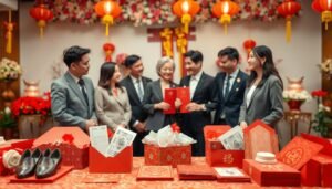 A visual representation of the evolving trend of red envelope amounts in wedding customs, contrasting northern and southern traditions. In the foreground, a beautifully arranged table featuring ornate red envelopes filled with different denominations, alongside traditional gifts like shoes and hats. In the middle, a diverse group of people in professional attire, engaging in discussion, reflecting cultural differences in their customs, with expressions of curiosity and respect. The background showcases a festive setting decorated with traditional wedding elements, such as floral arrangements and lanterns, creating a warm and celebratory atmosphere. Soft, diffused lighting highlights the details and colors, emphasizing the richness of the red envelopes. The overall mood is one of celebration and cultural exchange.