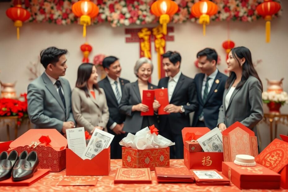 A visual representation of the evolving trend of red envelope amounts in wedding customs, contrasting northern and southern traditions. In the foreground, a beautifully arranged table featuring ornate red envelopes filled with different denominations, alongside traditional gifts like shoes and hats. In the middle, a diverse group of people in professional attire, engaging in discussion, reflecting cultural differences in their customs, with expressions of curiosity and respect. The background showcases a festive setting decorated with traditional wedding elements, such as floral arrangements and lanterns, creating a warm and celebratory atmosphere. Soft, diffused lighting highlights the details and colors, emphasizing the richness of the red envelopes. The overall mood is one of celebration and cultural exchange.